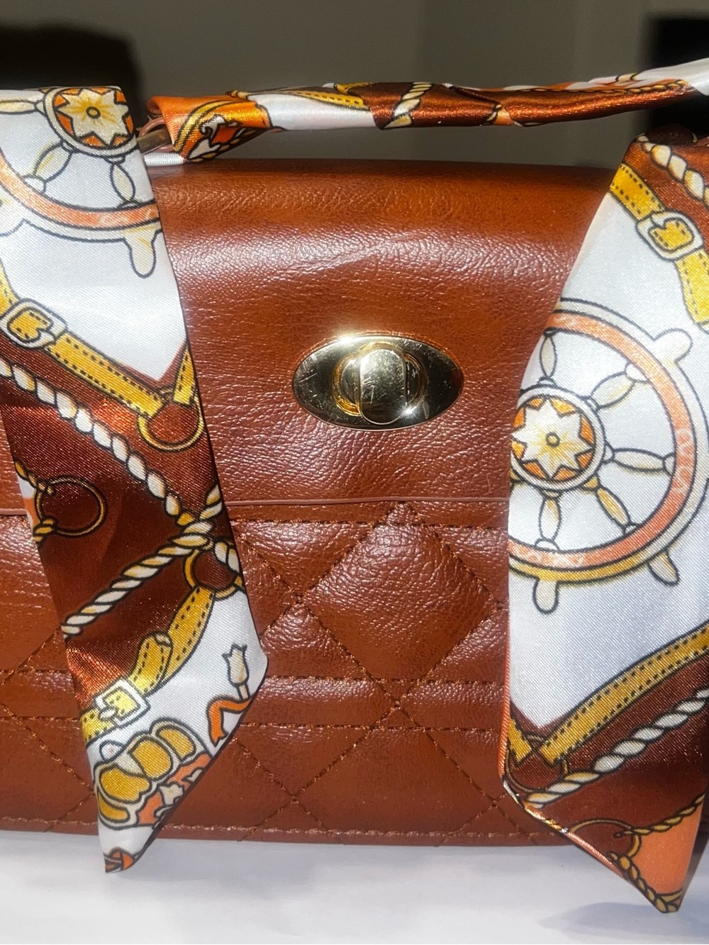 Quilted Brown Leather Shoulder Bag with Gold Turn-Lock
